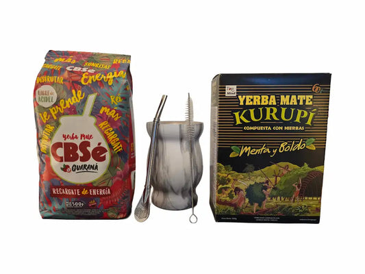 Energie starterspakket met CBSe Guaraná, Kurupi Menta y Boldo, RVS kalebas, bombilla en schoonmaakborstel