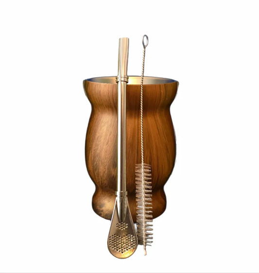 RVS kalebas in houtlook met bombilla en schoonmaakborstel