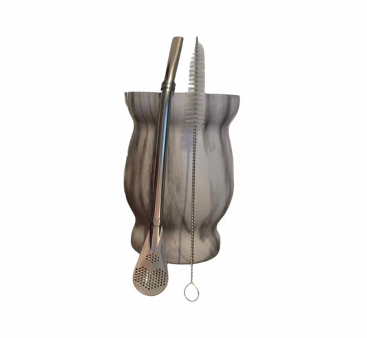 RVS kalebas in marmerlook met bombilla en schoonmaakborstel